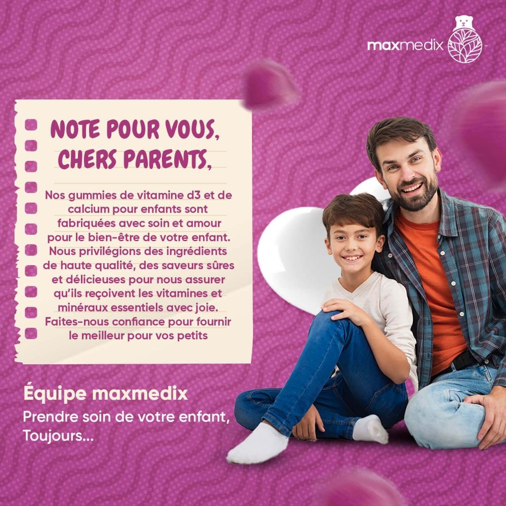 Parents avec enfant. Texte : Note pour vous, chers parents. Gommes avec vitamine D3 et calcium.