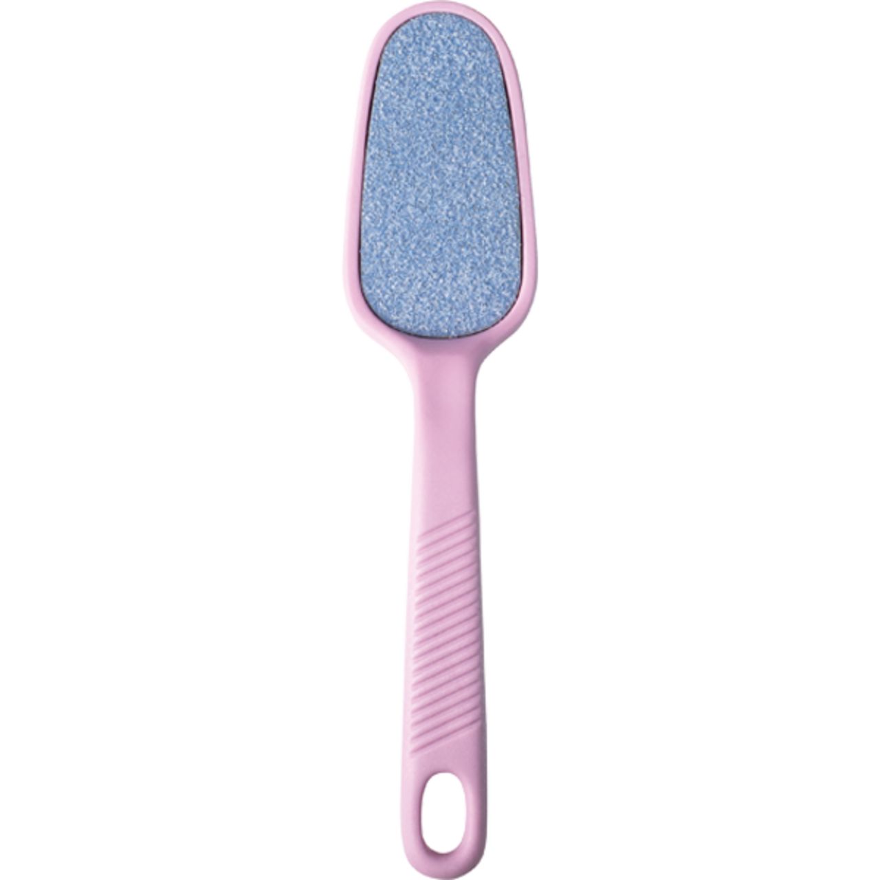Râpe à pieds en céramique avec manche rose et surface abrasive bleue.