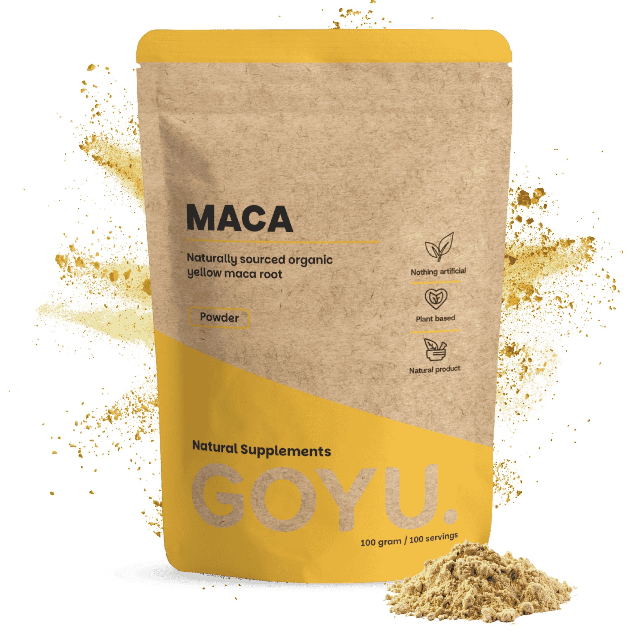 Sachet en papier brun avec un design jaune contenant de la poudre de maca. Contient 100g.