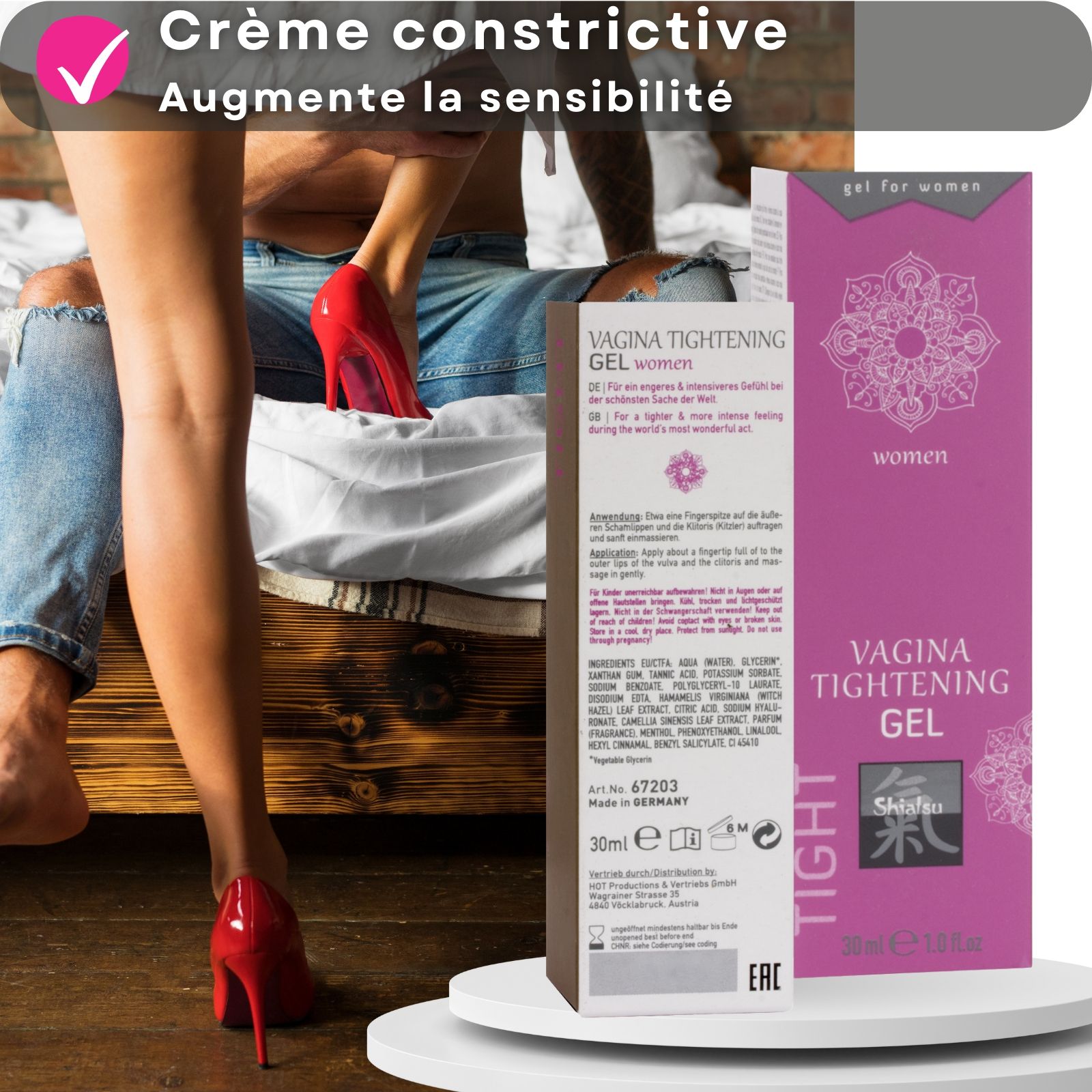 Produit et emballage. Gel Vagina Tightening. Tube rose. Texte et logo. Fond : couple.
