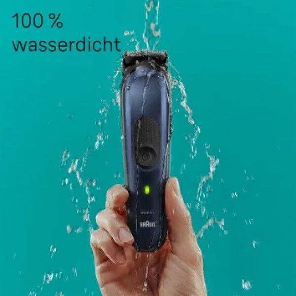 Tondeuse bleue sous l'eau. "Braun" est inscrit sur la tondeuse. Texte: 100% étanche.