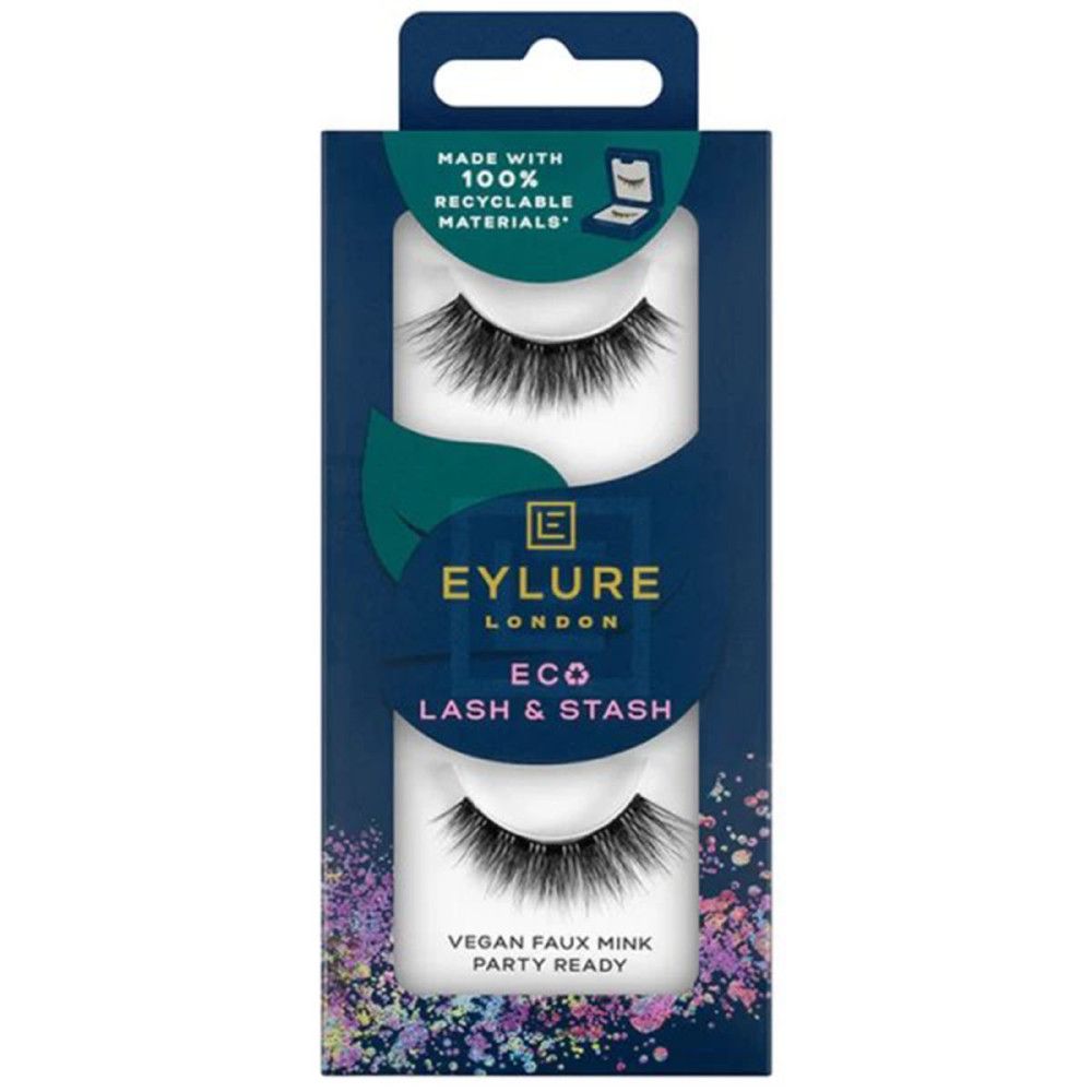 Paquet de faux cils. Inscription : Eylure London, Eco Lash & Stash, Vegan Faux Mink, Party Ready. Fabriqué avec des matériaux recyclables.
