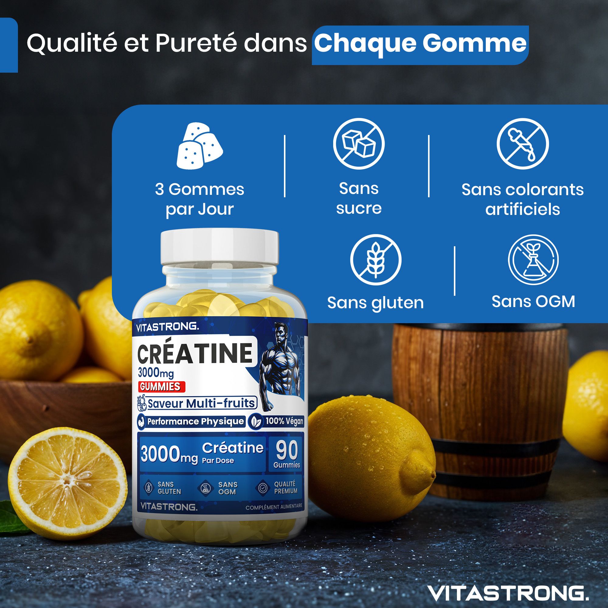 Vitastrong Creatina Gommose, 90 gummies. Zonder suiker, gluten, GGO's en kunstmatige kleurstoffen.