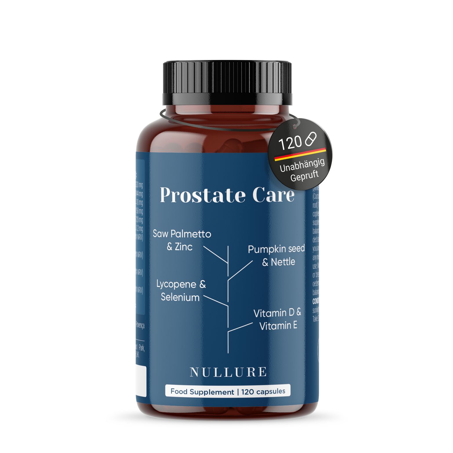 Bruine fles met capsules. Tekst: Prostate Care. 120 capsules. Onafhankelijk getest.