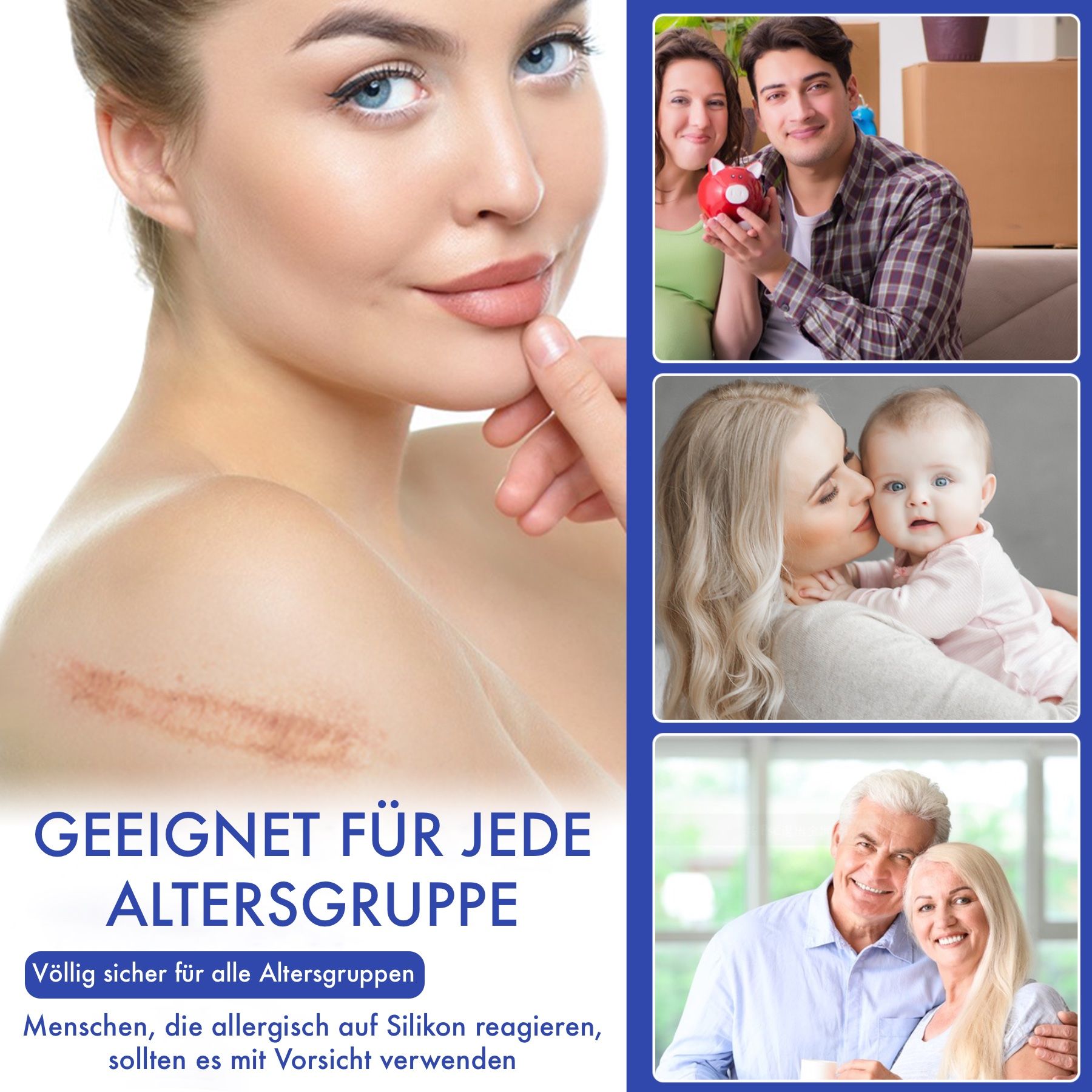 Vrouw met lidteken op schouder, tekst: Geschikt voor elke leeftijdsgroep.