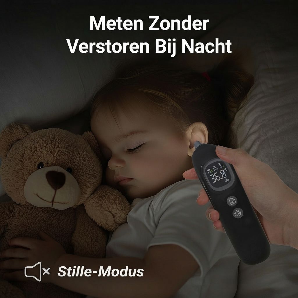 Zwarte digitale oorthermometer met verlicht display dat 36.8°C aangeeft. Wordt in het oor van een slapend kind ingebracht.