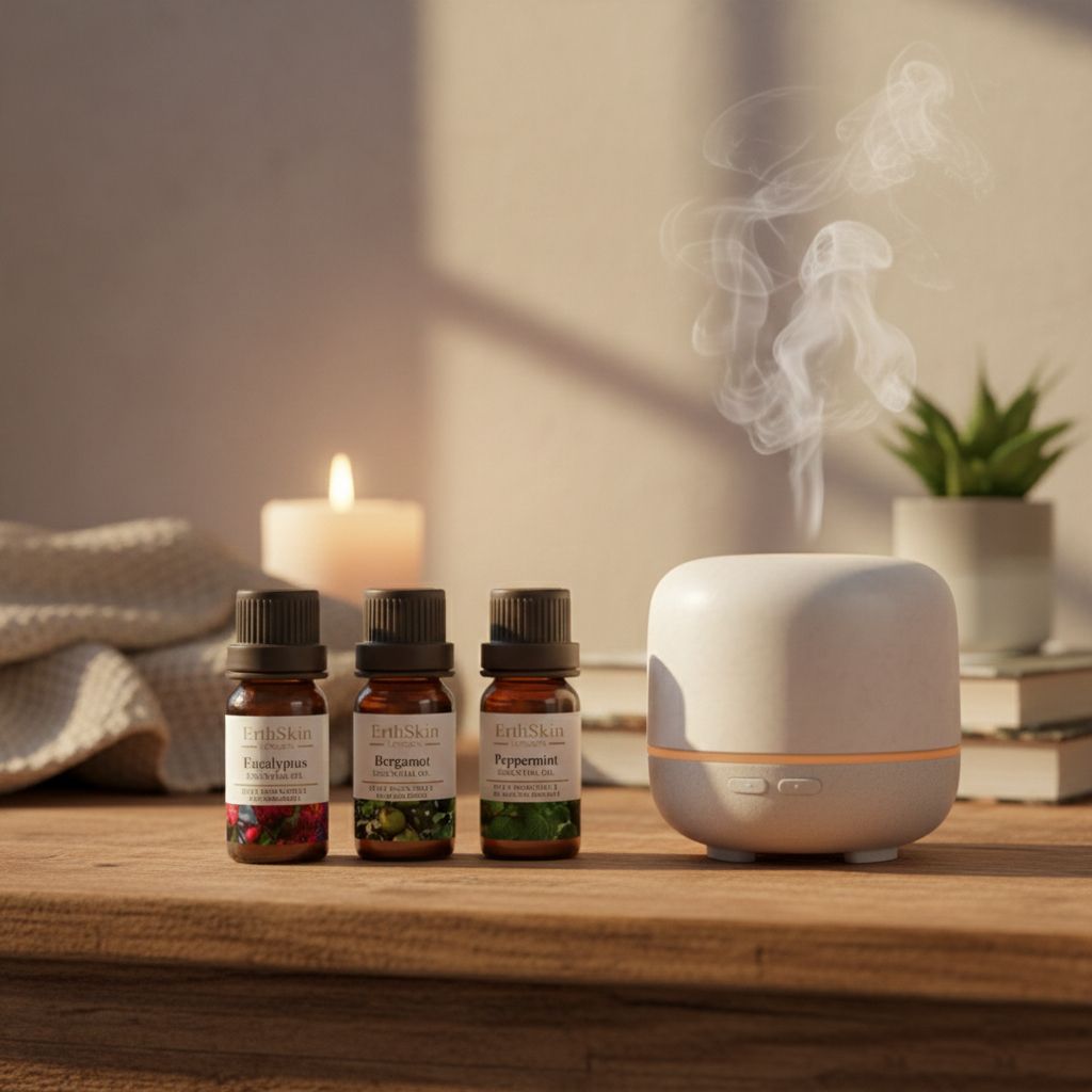 Een diffuser geeft stoom af, naast drie kleine flesjes met etherische oliën van ErthSkin London.