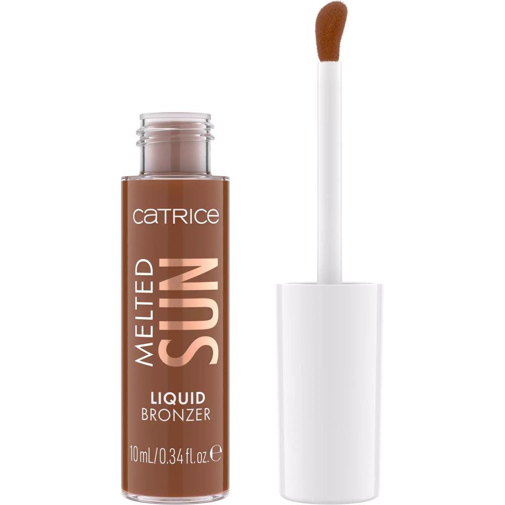 Bronzer liquide en flacon marron avec bouchon et applicateur blancs. Inscription: Melted Sun, Liquid Bronzer.