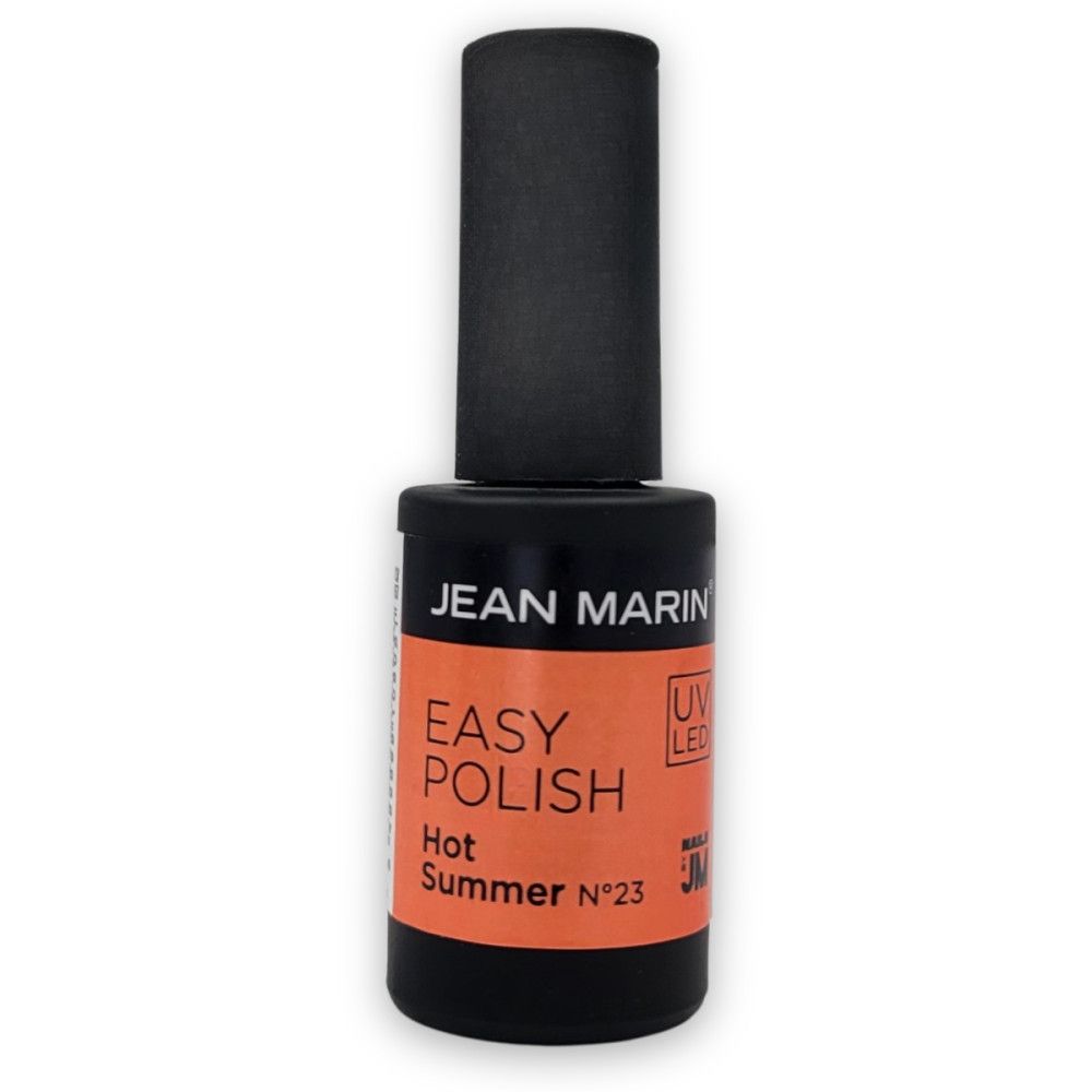 Flacon de vernis à ongles noir. Inscription: Jean Marin, Easy Polish, Hot Summer N°23. Logo UV/LED.