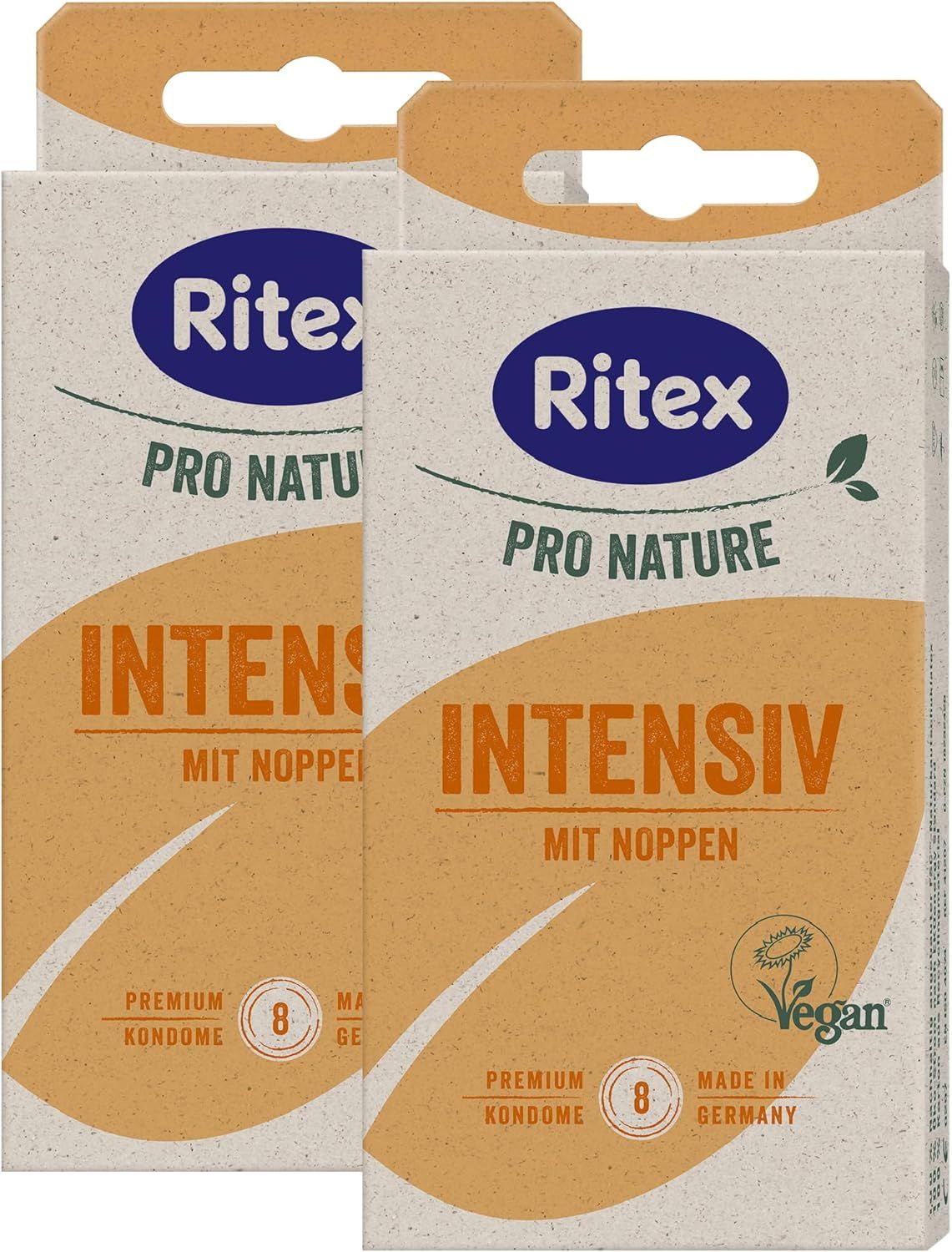 Twee pakken Ritex Pro Nature Intensiv (elk 8 stuks) met de tekst 'Premium Condoms'.