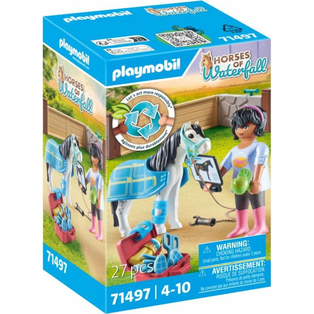 Playmobil 71497: Emballage. Cheval, figurine, accessoires. Cheval avec couverture, figurine avec tablette. Mallette rouge. 27 pièces.