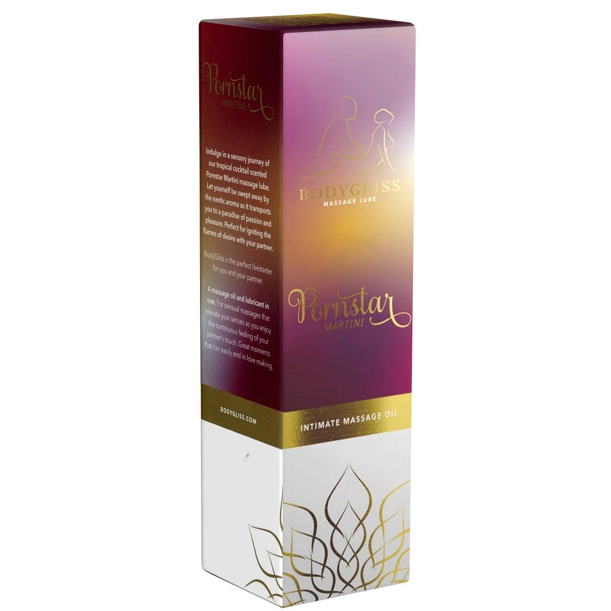 Emballage avec texte. Inscription : BodyGliss Massage Lube, Pornstar Martini. Design violet-or avec ornements dorés. Texte sur le côté.