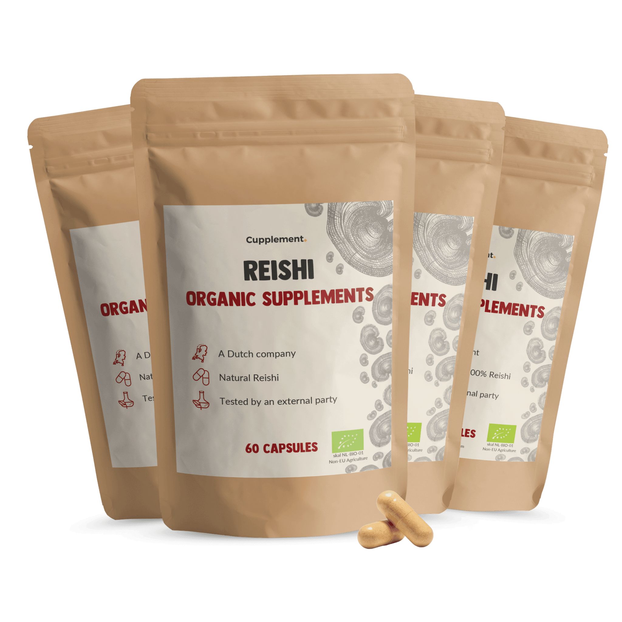 Meerdere zakjes Cupplement® Reishi capsules. Opschrift: Reishi Organic Supplements, 60 capsules. Bruine capsules ernaast.