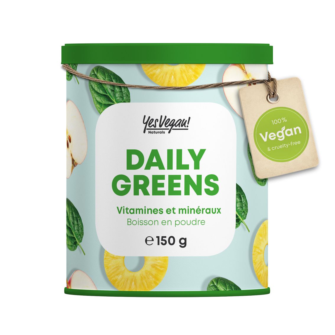 Boîte Daily Greens Superfood boisson en poudre avec motifs fruits et feuilles, 150g.