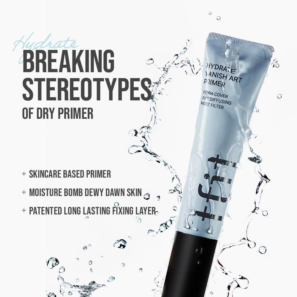 Tube HYDRATE VANISH ART PRIMER met water. Tekst: BREAKING STEREOTYPES OF DRY PRIMER. Merk: tfit.
