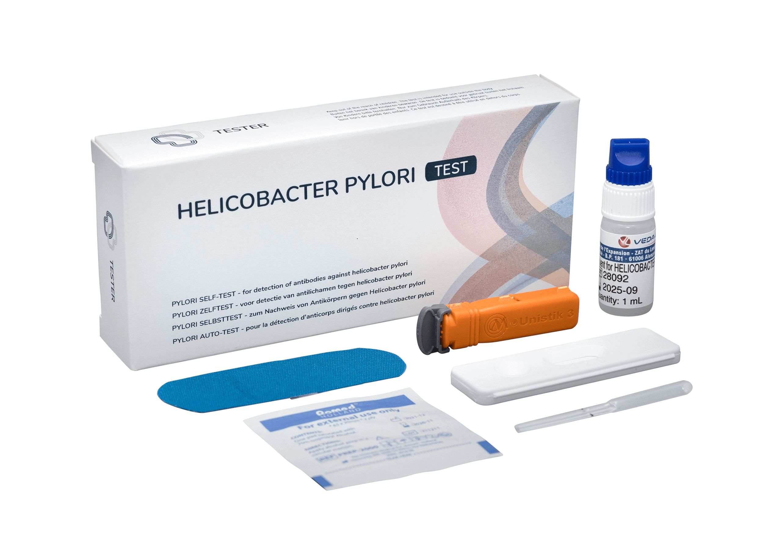 Kit de test Helicobacter Pylori avec tous les composants : cassette de test, tube d'échantillon, écouvillon, instructions et solution tampon.