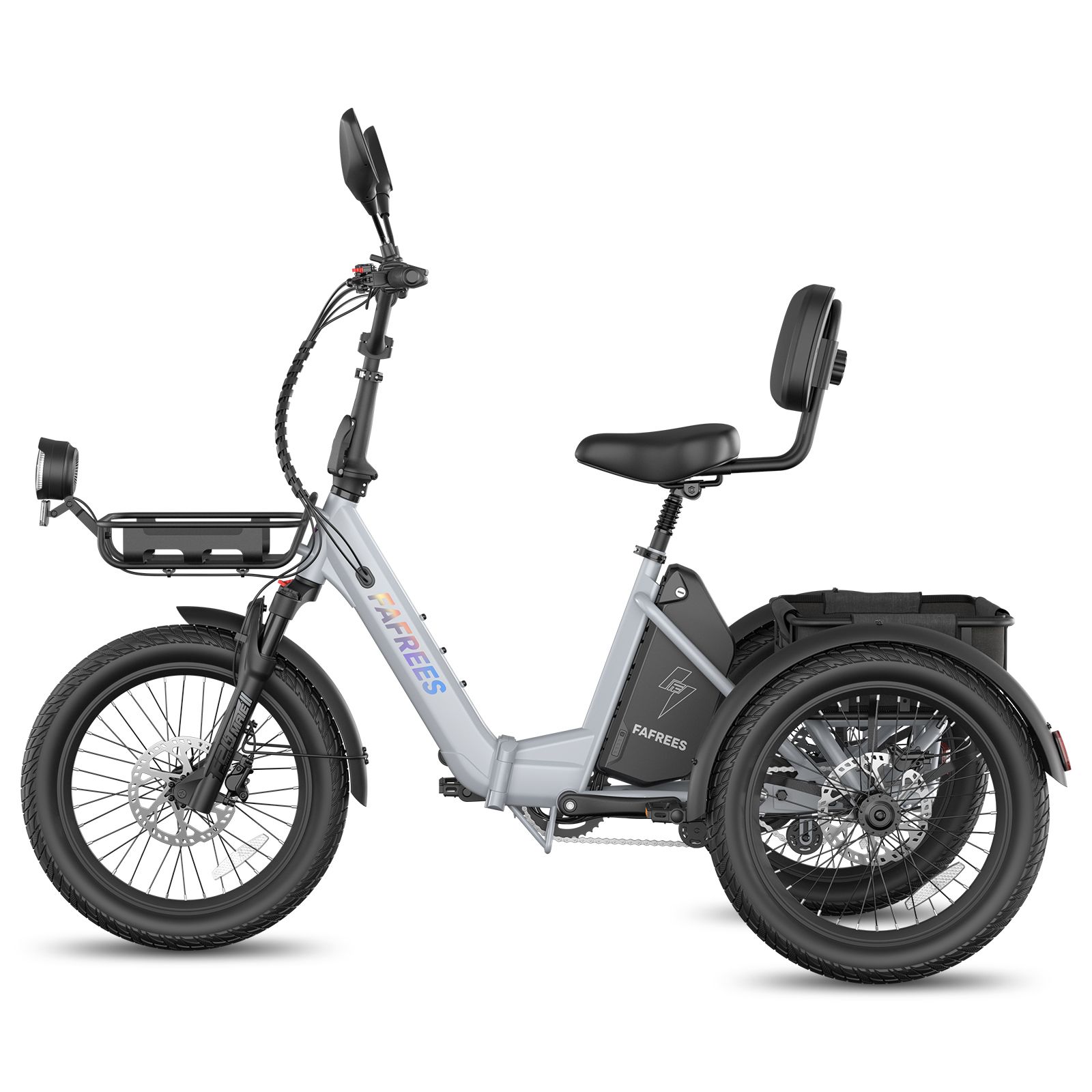 Tricycle électrique gris avec panier, rétroviseurs et porte-bagages. Pneus et siège noirs. Marque FAFREES.