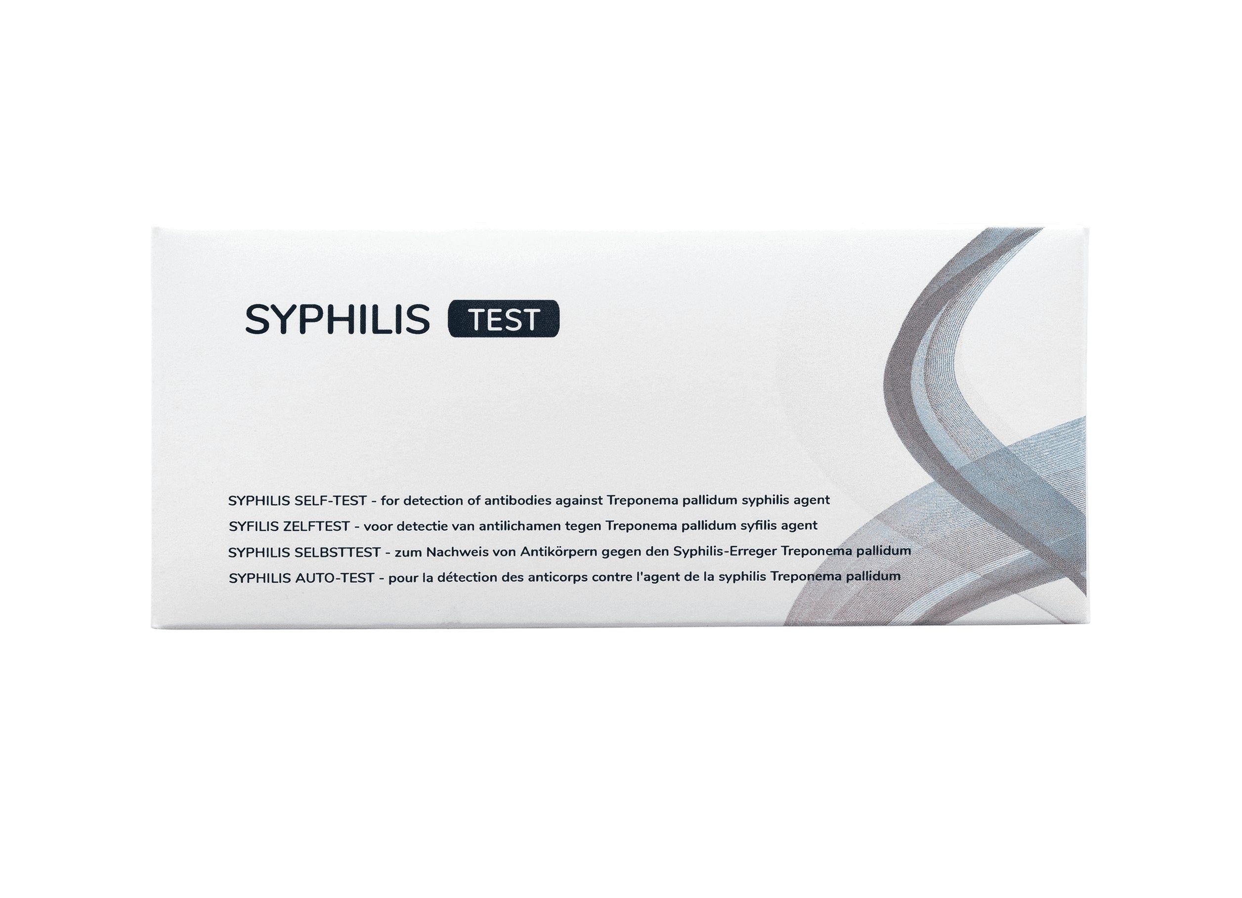 Verpakking van een syfilistest met productinformatie in meerdere talen.