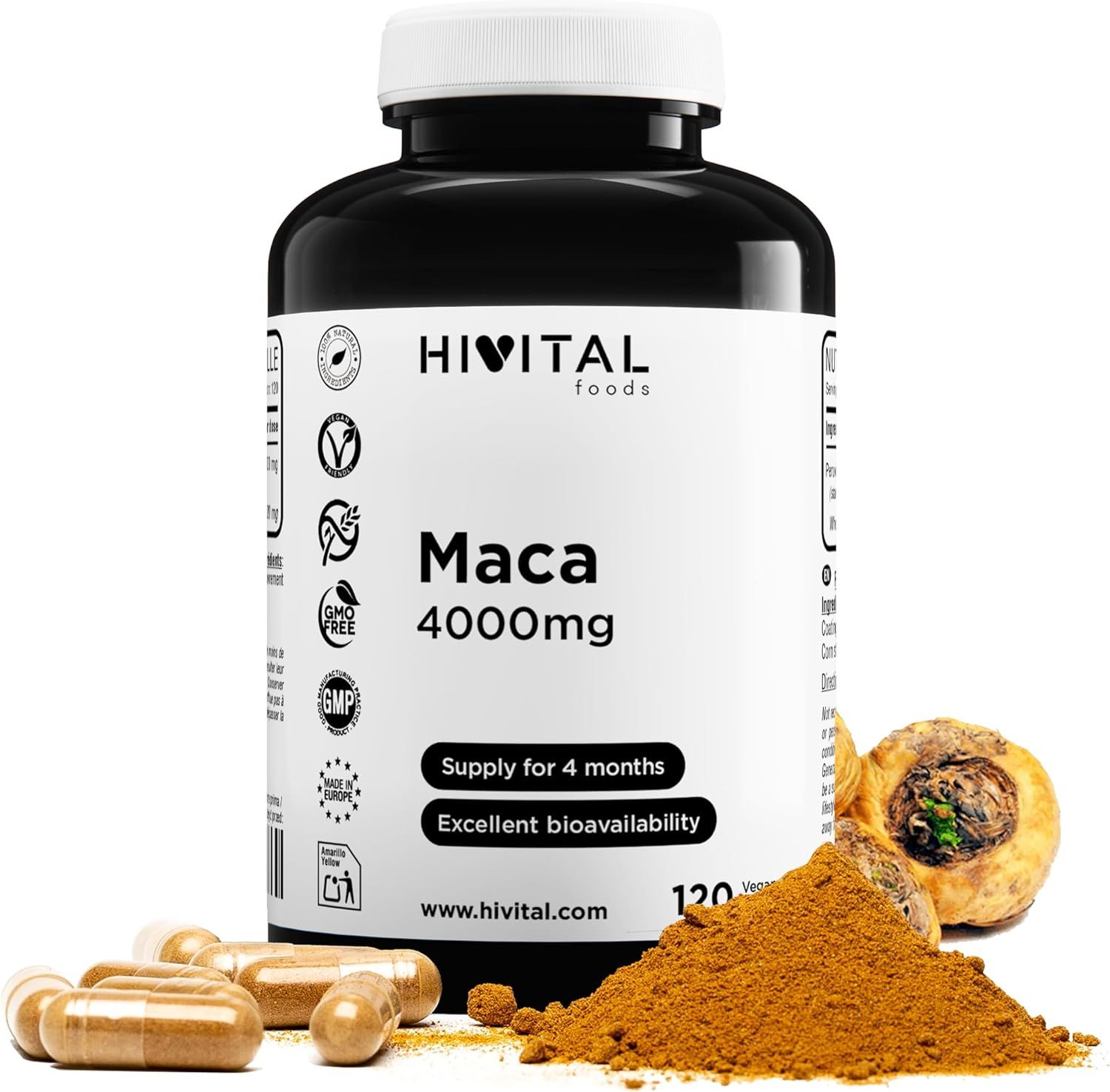 Flacon noir avec étiquette blanche. Inscription : HIVITAL, Maca 4000mg. Gélules, poudre de maca et racine de maca à côté.