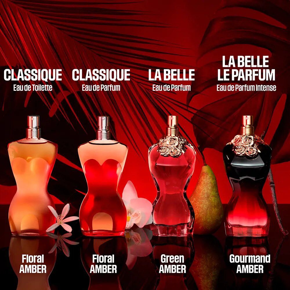 Quatre flacons de parfum en forme de corps féminin. Différentes couleurs. Texte : Classique Eau de Toilette, Eau de Parfum, La Belle, Le Parfum.