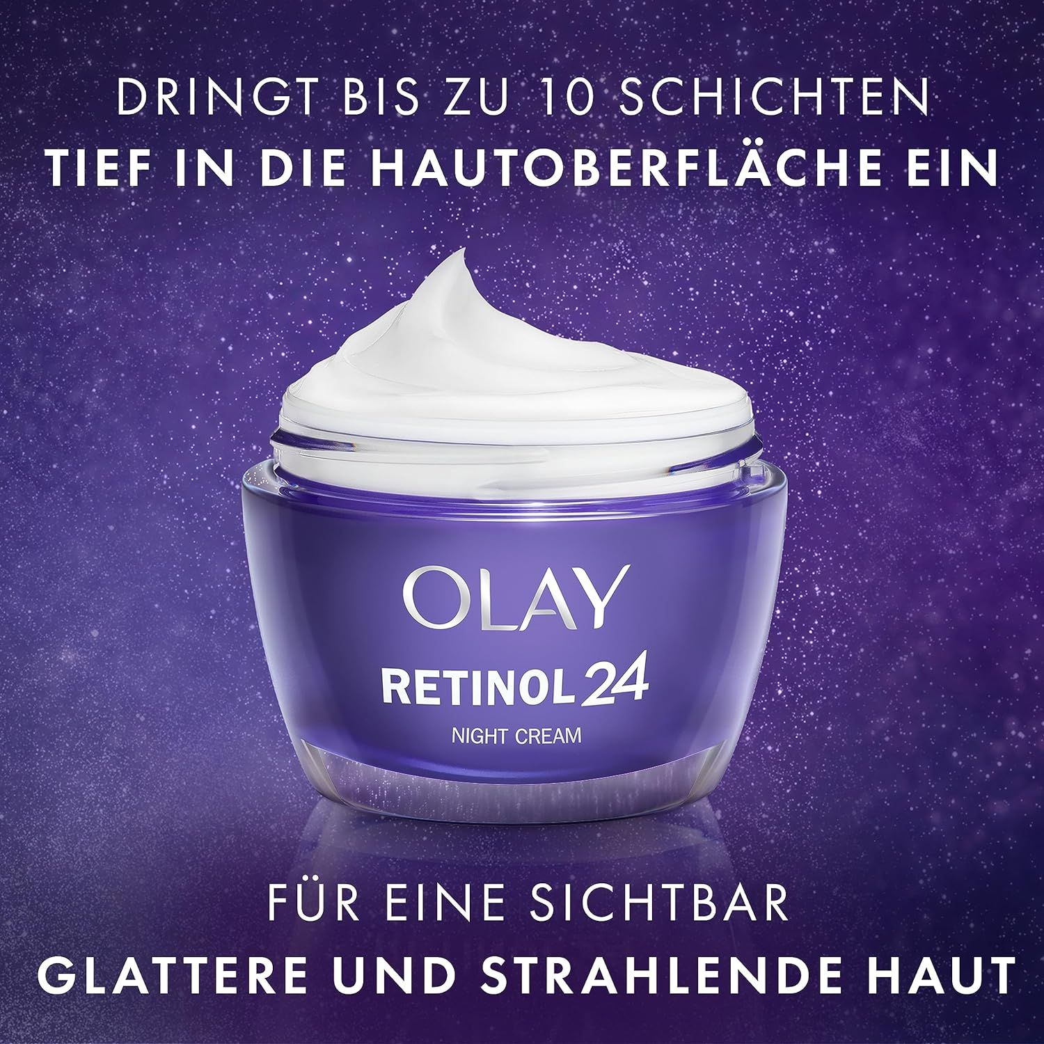 Pot bleu avec crème blanche. Olay Retinol 24 Night Cream est visible.