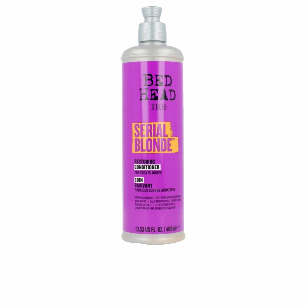 Paarse fles met zilveren dop. Opschrift: Bed Head Tigi Serial Blonde. Restoring Conditioner.