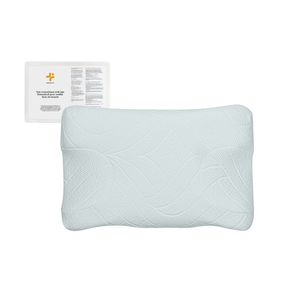 Oreiller bleu clair avec motif de feuilles et emballage. Inscription : INPHYSIO Kosmetischer Kissenbezug für Anti-Aging-Kissen Soie de Beauté.