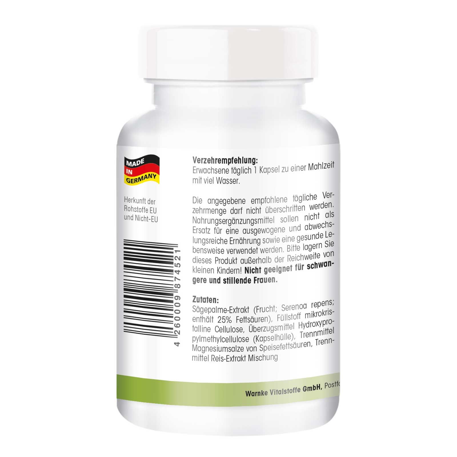 Achterkant van een witte pilfles. Tekst: Gebruiksaanwijzing, ingrediënten, Warnke Vitalstoffe GmbH. Gemaakt in Duitsland. Made in Germany.