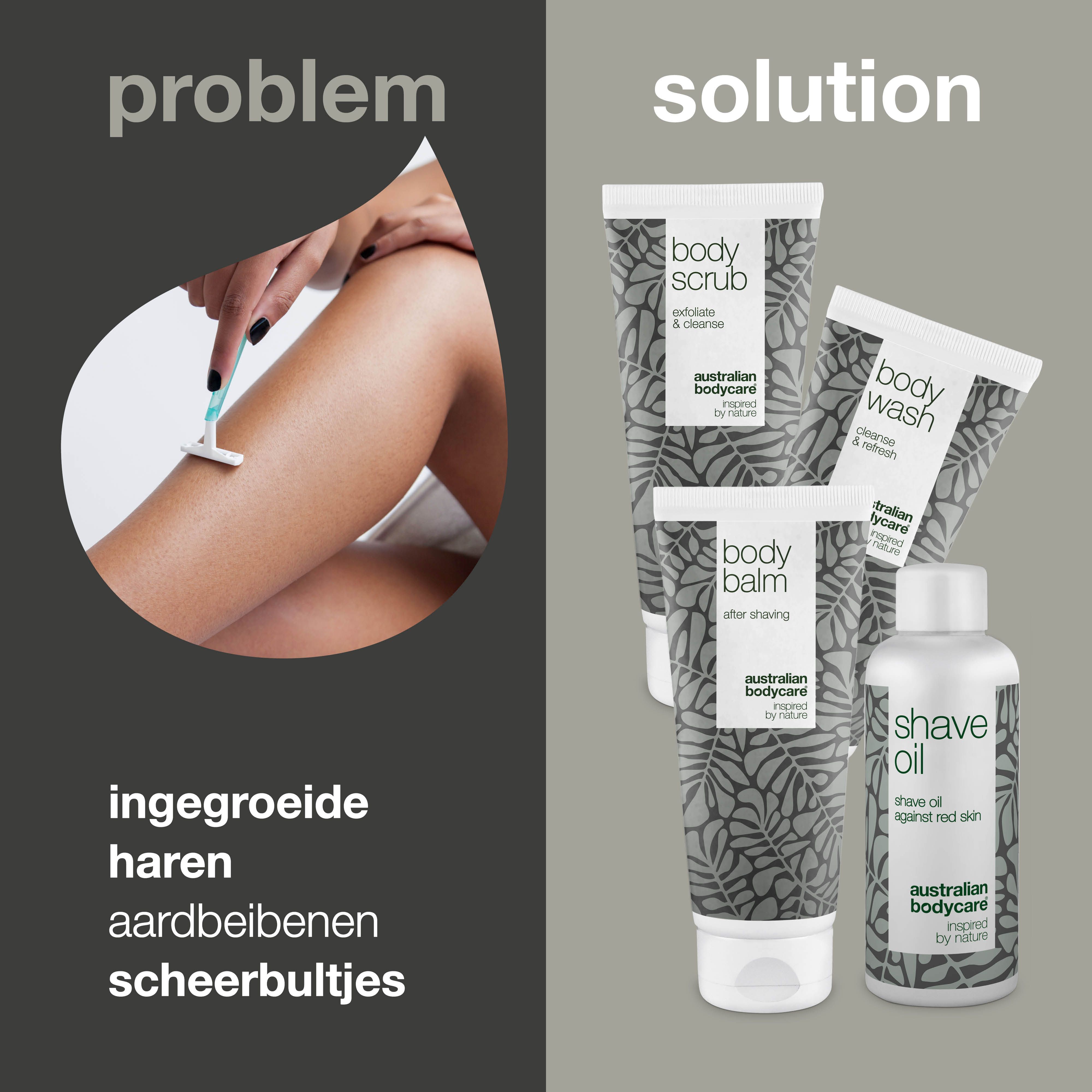 Been met scheermes. Daarnaast producten: Body Scrub, Body Wash, Body Balm en Shave Oil. Tekst: ingegroeide haren, aardbeibenen, scheerbultjes.