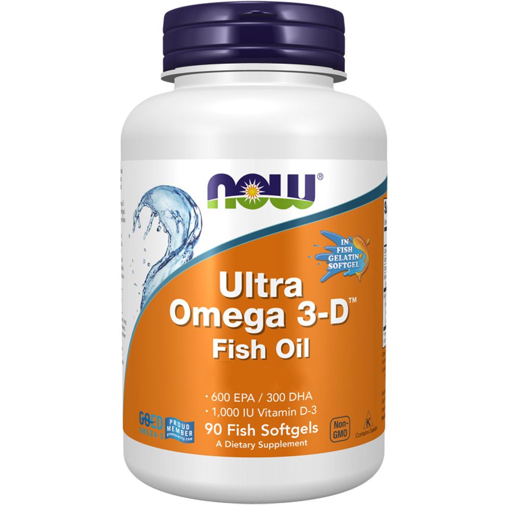 Flacon blanc, bouchon bleu. Inscription: NOW Ultra Omega 3-D™. Contient 90 gélules. 600 EPA/300 DHA/1 000 UI Vitamine D-3. Gélules d'huile de poisson.