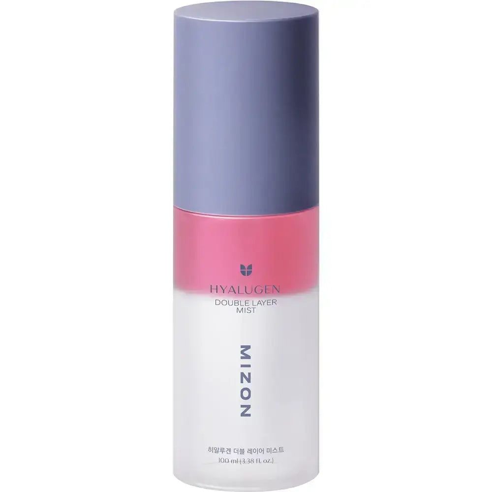Flacon de MIZON Hyalugen Double Layer Mist, bleu-rose. 100 ml. Avec logo.