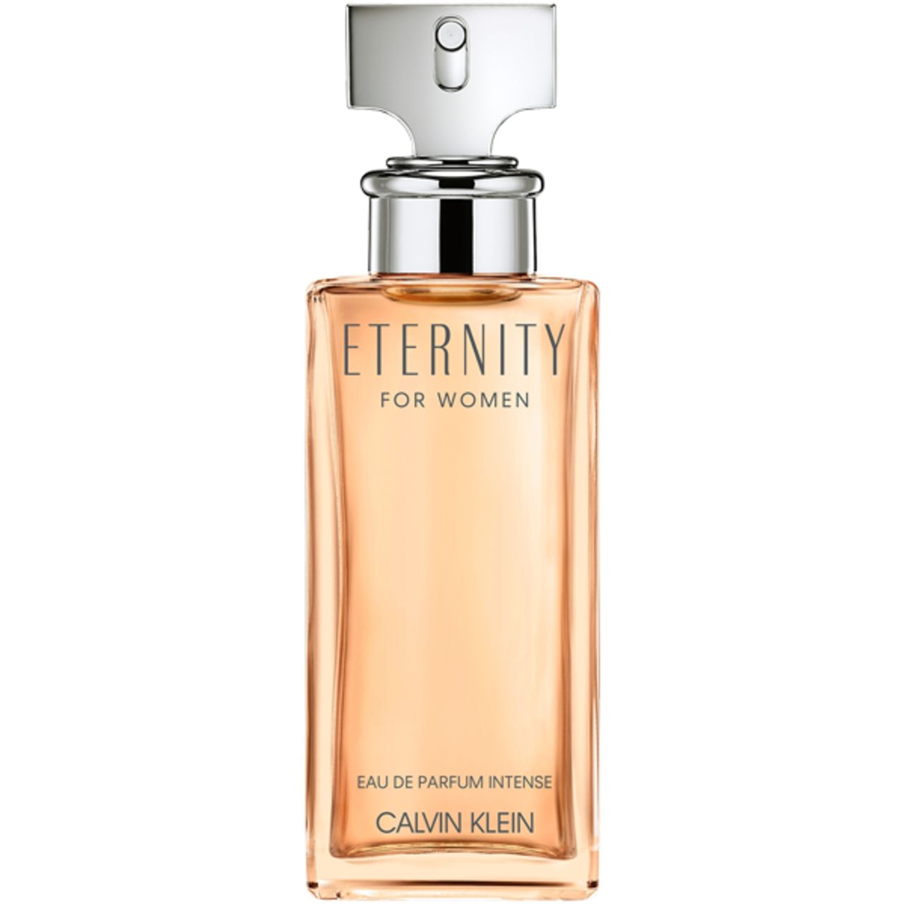 Flacon rectangulaire avec bouchon argenté. Inscription : Eternity for Women, Eau de Parfum Intense, Calvin Klein.
