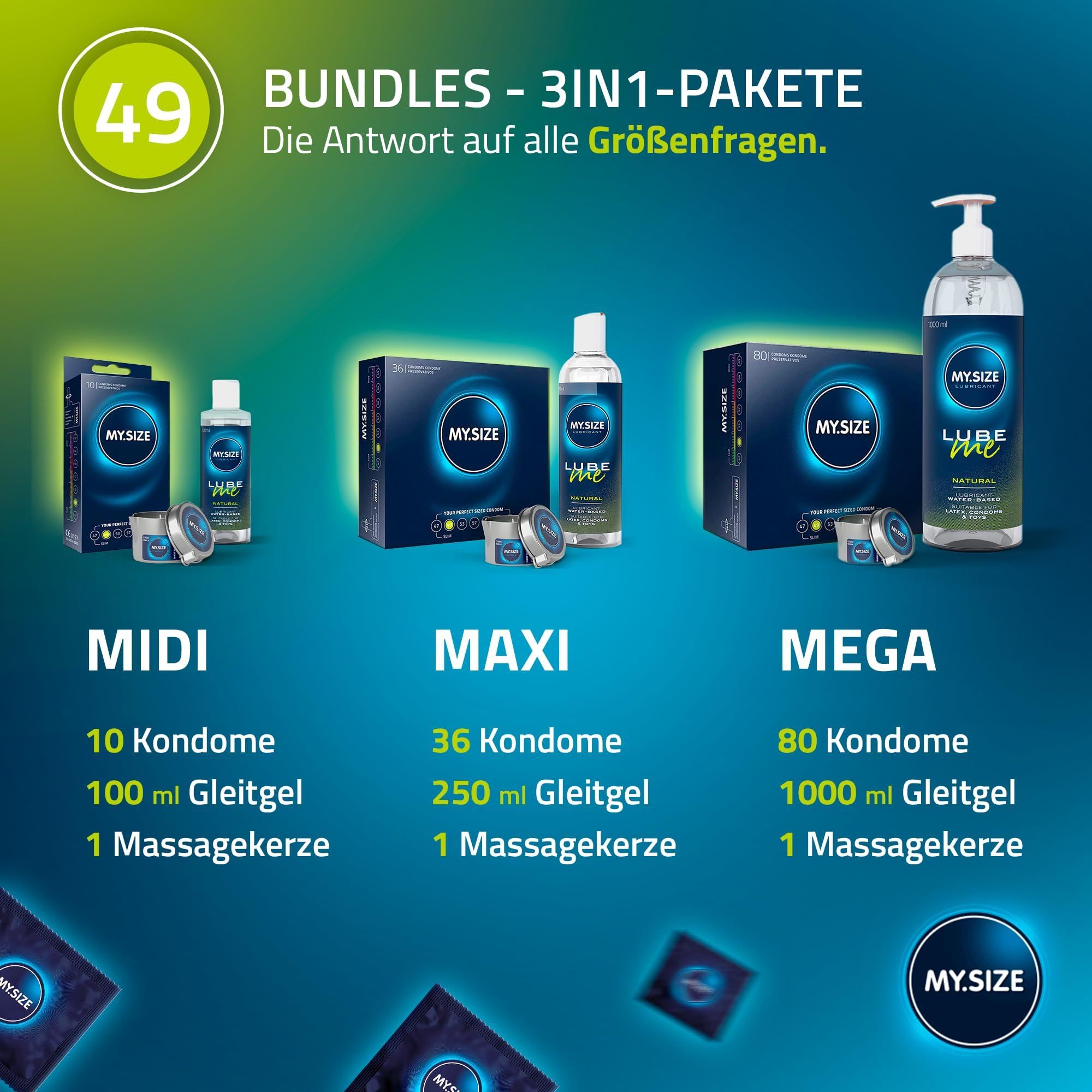 Trois lots: MIDI (10 préservatifs, 100ml lubrifiant, 1 bougie massage), MAXI (36, 250ml, 1), MEGA (80, 1000ml, 1).