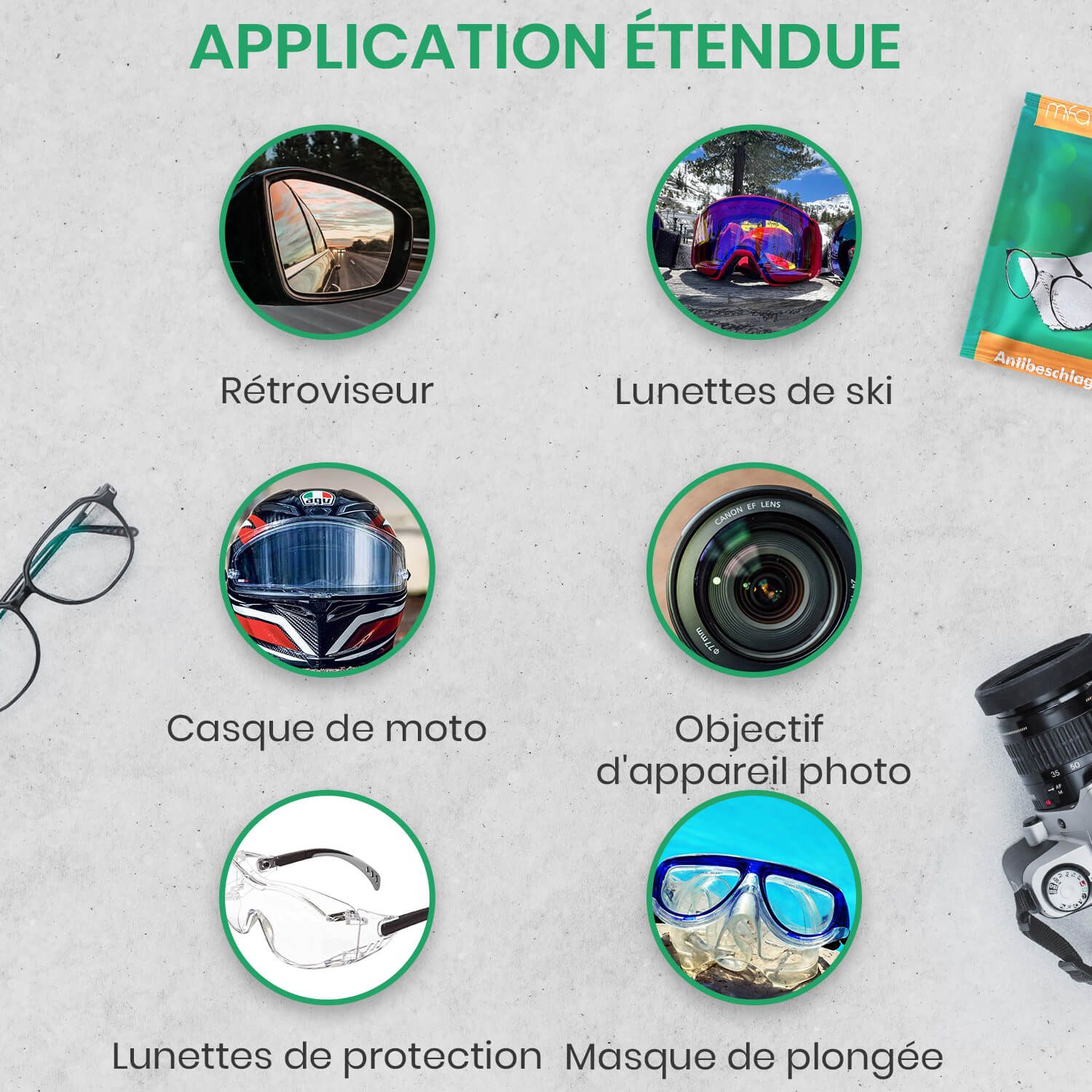 Exemples d'application: rétroviseur, lunettes de ski, casque de moto, objectif d'appareil photo, lunettes de protection, masque de plongée.