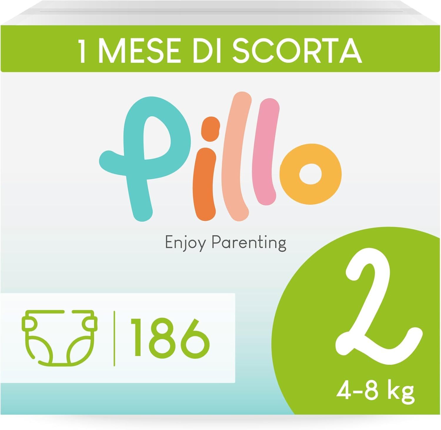 Verpakking Pillo luiers maat 2 Mini. Opschrift: 186 stuks, 4-8 kg. Logo Pillo. Opschrift: 1 maand voorraad.
