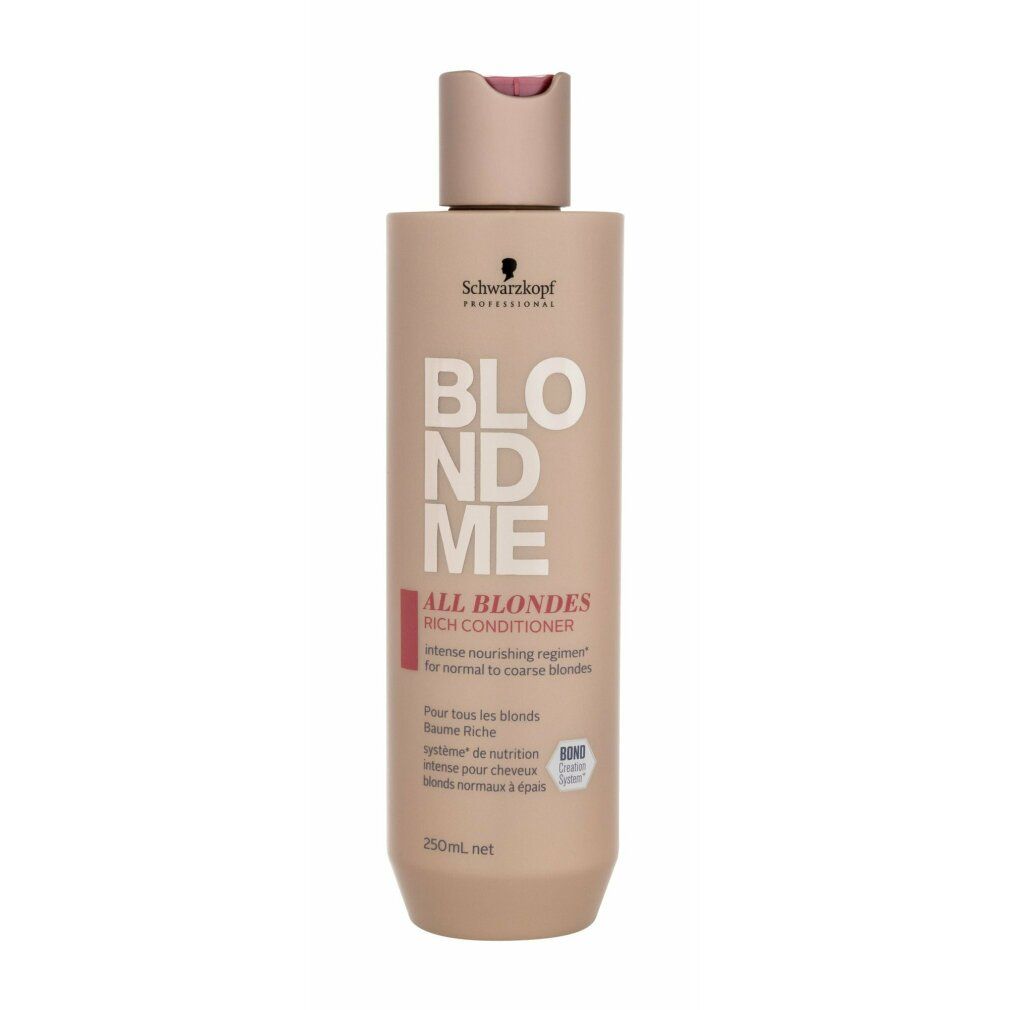 Flacon BlondMe All Blondes Rich Conditioner. Emballage rose. Logo Schwarzkopf. Texte: Bond Enforcing. 250ml.