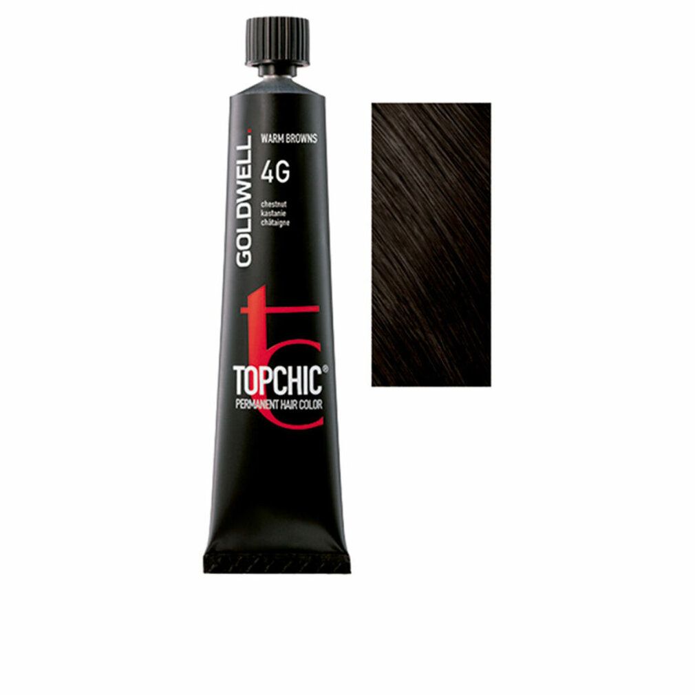 Goldwell Topchic 4G, couleur permanente. Tube noir avec échantillon de couleur. Brun chaud, châtain. 