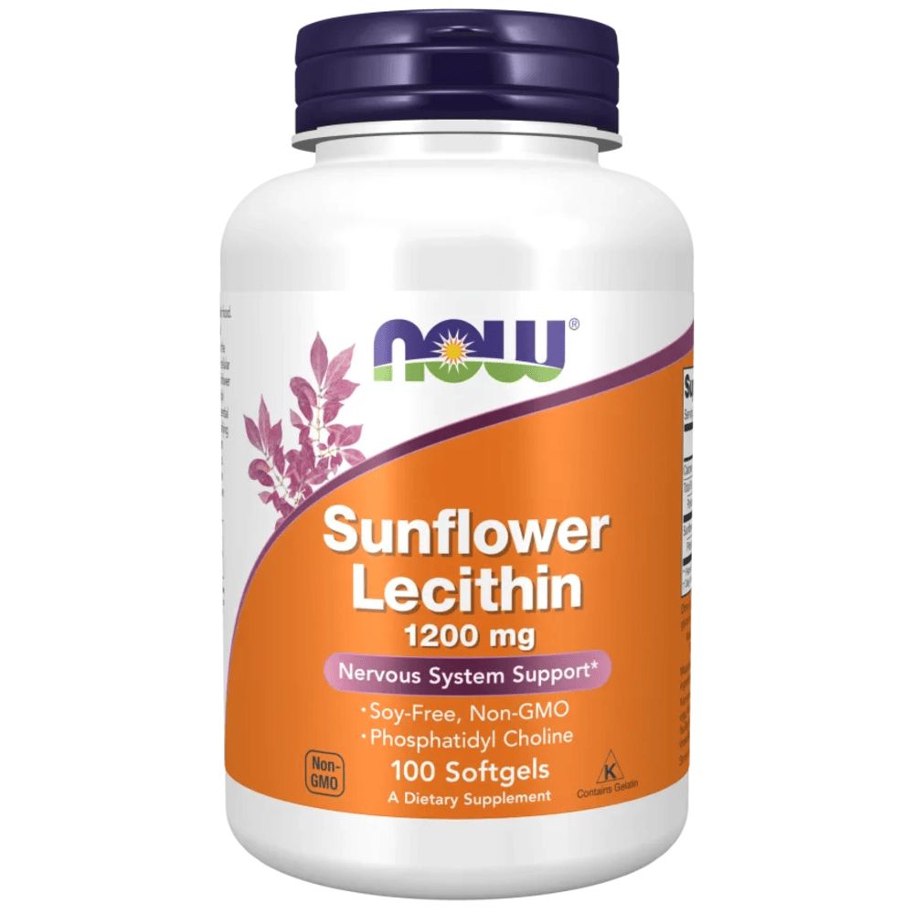 Witte fles met paarse dop. Opschrift: Sunflower Lecithin, 1200 mg, 100 softgels. Merk: NOW.