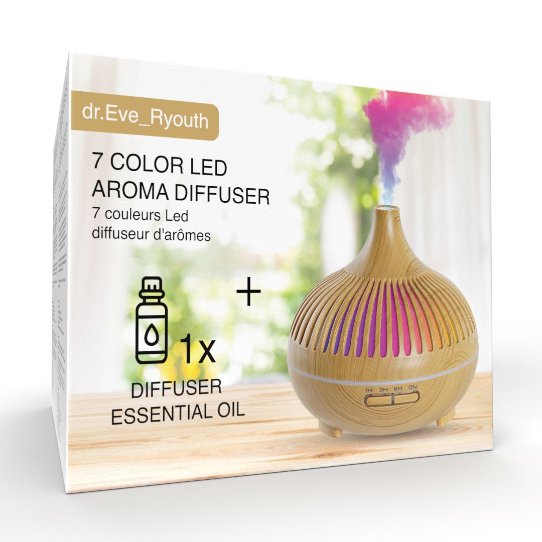 Emballage d'un diffuseur d'arômes LED 7 couleurs avec huile essentielle.