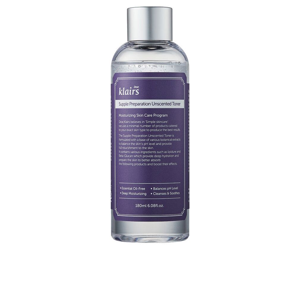 Transparante fles met zilveren dop. Opschrift: Dear Klairs Supple Preparation Unscented Toner. Paars etiket.