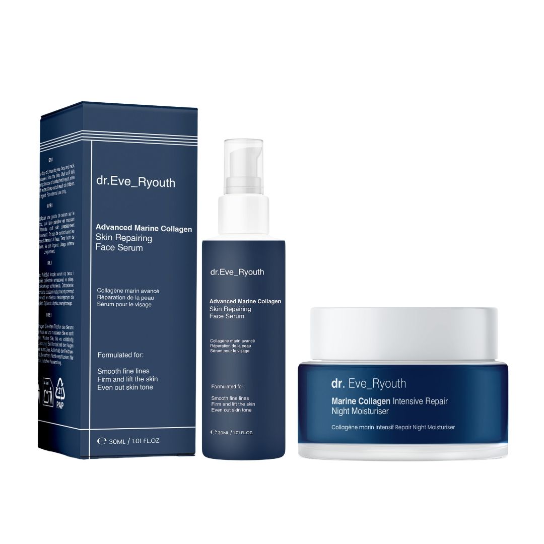 Drie producten: serum, nachtcrème en doos. Blauwe verpakking met witte tekst. "dr.Eve_Ryouth" en "Marine Collagen" zijn zichtbaar.