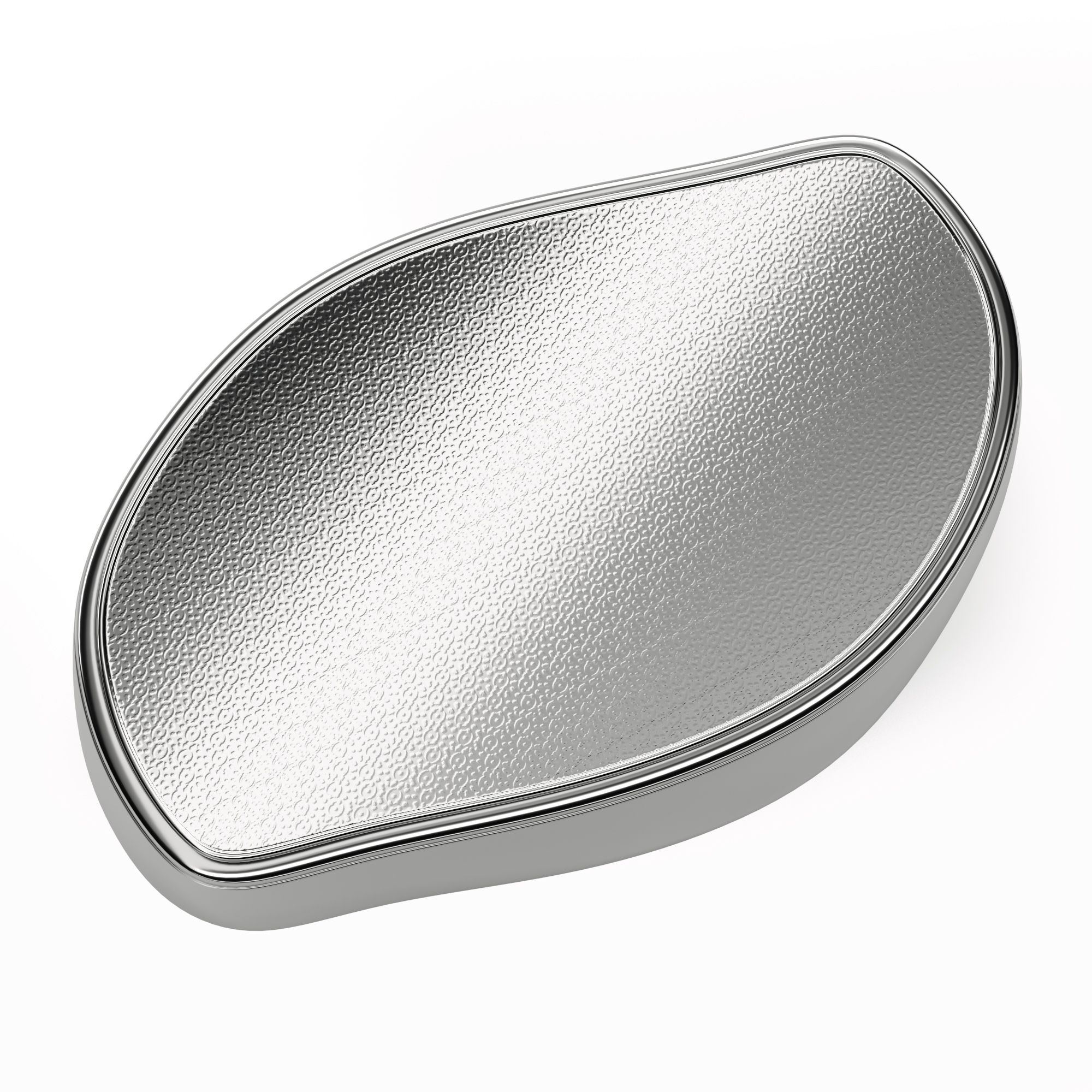 Exfoliant pour les pieds argenté. Forme ovale avec surface texturée et bord argenté.