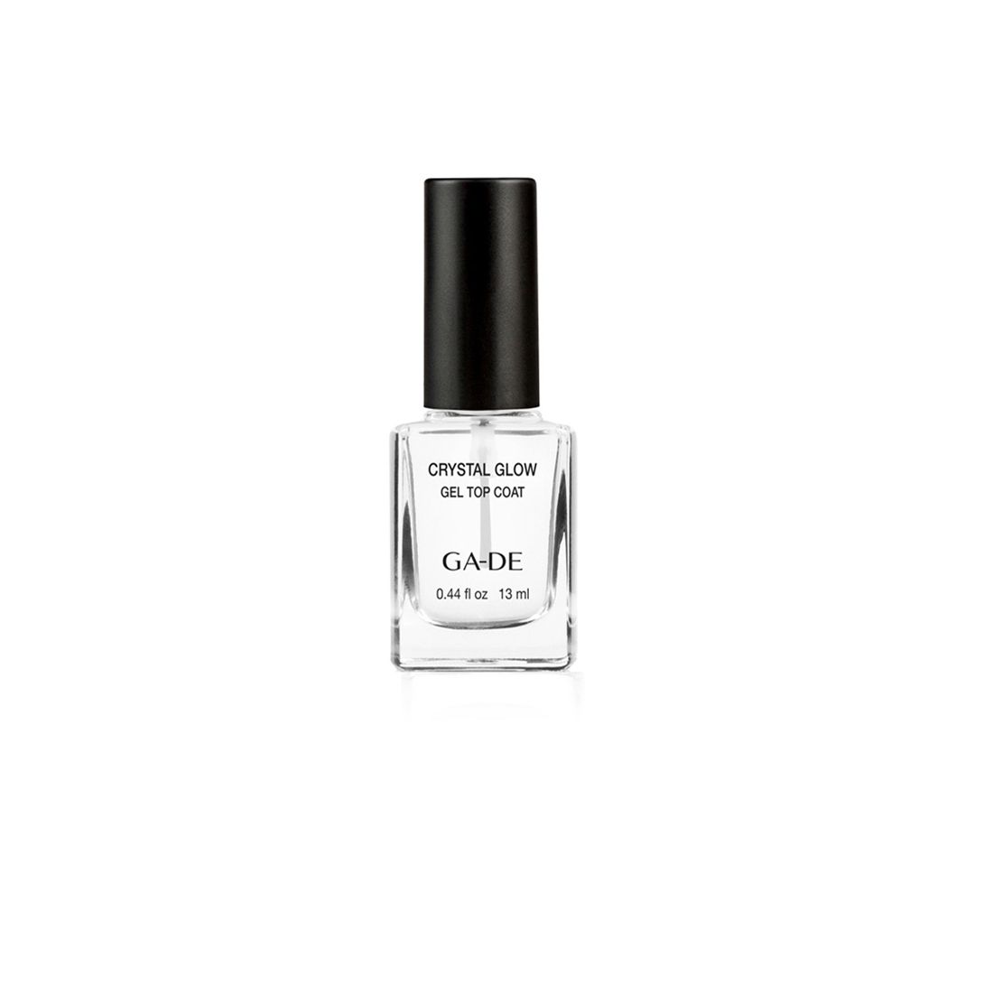 Flacon de vernis à ongles transparent avec bouchon noir. Inscription : Crystal Glow Gel Top Coat, GA-DE, 0.44 fl oz 13 ml.