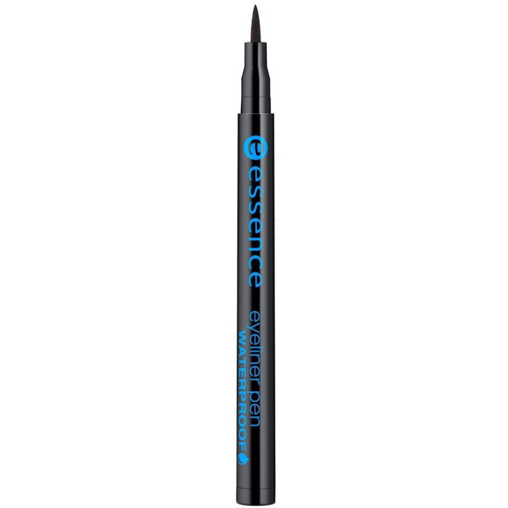 Eyeliner feutre noir. Inscription bleue: Essence, Eyeliner Pen, Waterproof. Pointe vers le haut. Stylo noir.