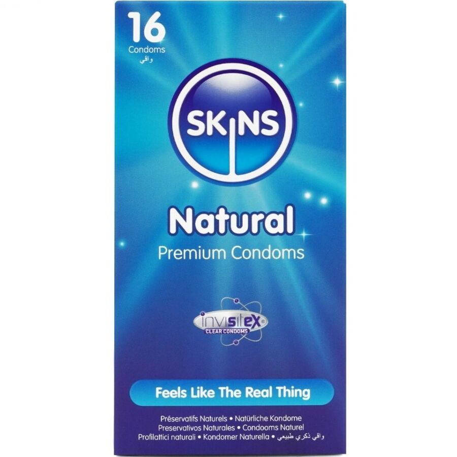 Boîte de 16 préservatifs Skins Natural. Emballage bleu avec logo et texte multilingue. Inscription « Feels Like The Real Thing ».