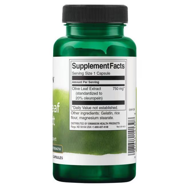 Achterkant van een groene fles SWANSON Olijfblad Extract met voedingsfeiten en ingrediënten.
