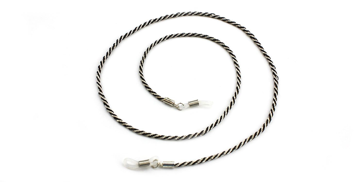 Brillenketting, gevlochten patroon, zilver en zwart. Transparante lussen voor bevestiging aan brillenpoten.