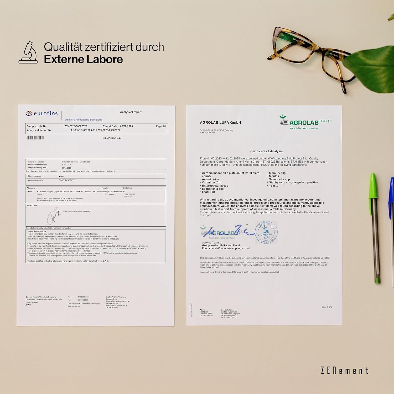 Rapports de certification d'Eurofins et Agrolab. Stylos et lunettes à côté. Marque : Zenement.