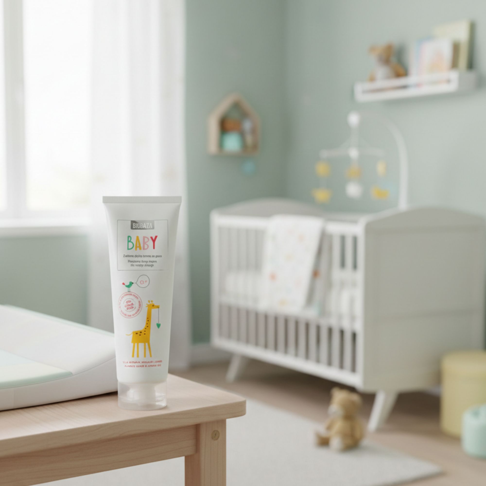 Witte tube met opschrift BABY en giraf-illustratie. Staat op een houten tafel. Op de achtergrond een babybedje en aankleedtafel.