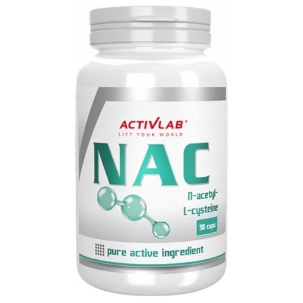 Contenant de 90 gélules NAC Activlab. Montre une structure moléculaire et le texte 'pure active ingredient'.